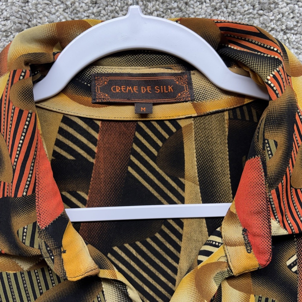 Vintage Creme De Silk Shirt‎ Mens MEDIUM Abstract Art ColorBlock Metallic Button - Picture 2 of 16